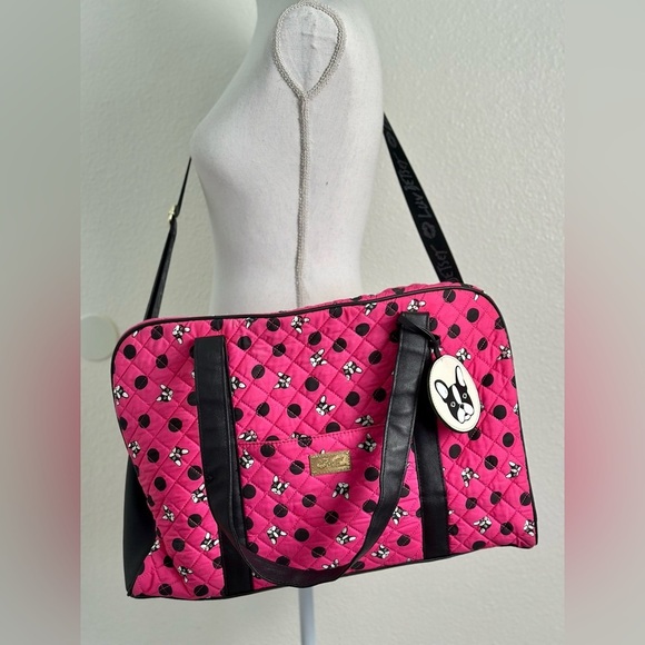 Betsey Johnson Polka Dot and Dog Print Pink Quilted Large Traveler/Duffle Bag - Picture 1 of 11